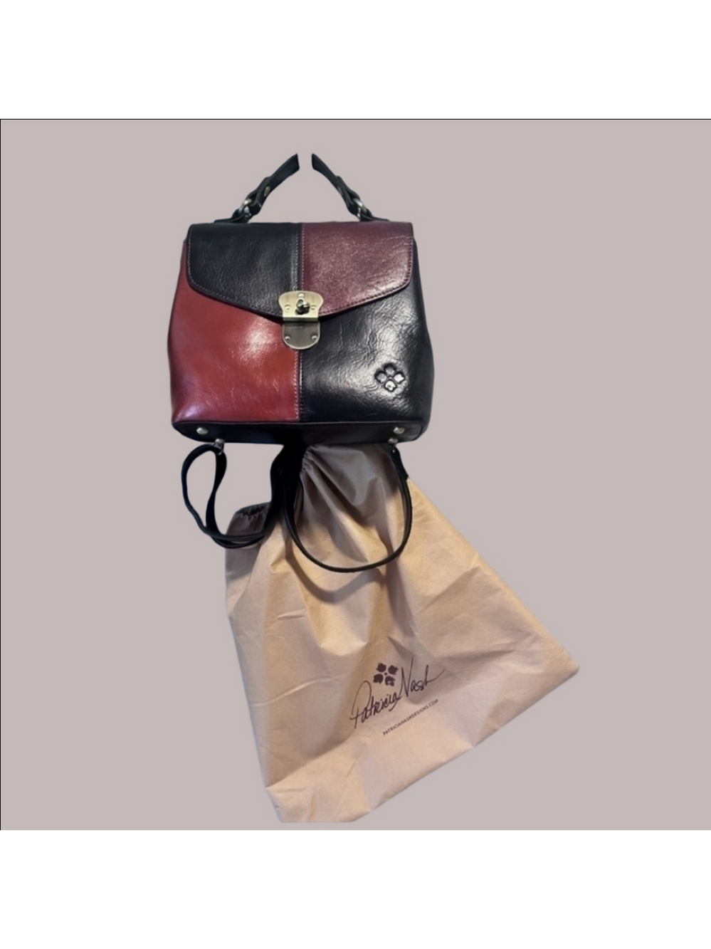 Patricia Nash Sinclair Leather Convertible Backpack-Colorblock Black/Tan- EUC